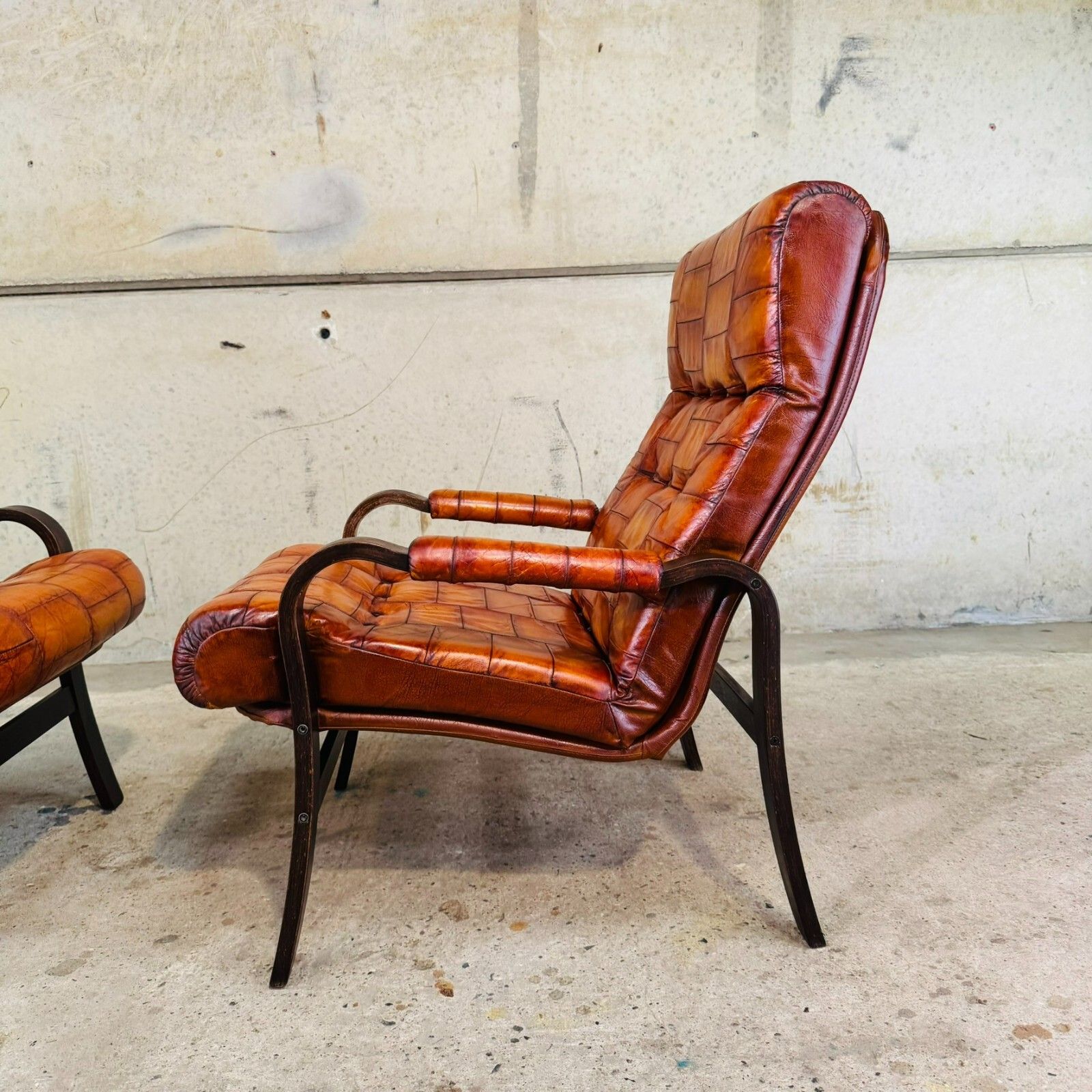 photo furniture Pair Of 1970s Danish Vintage Patchwork Tan Leather Bentwood Chairs #A560