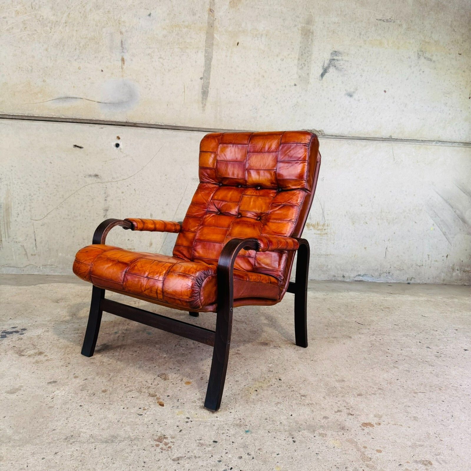 photo for sale Pair Of 1970s Danish Vintage Patchwork Tan Leather Bentwood Chairs #A560