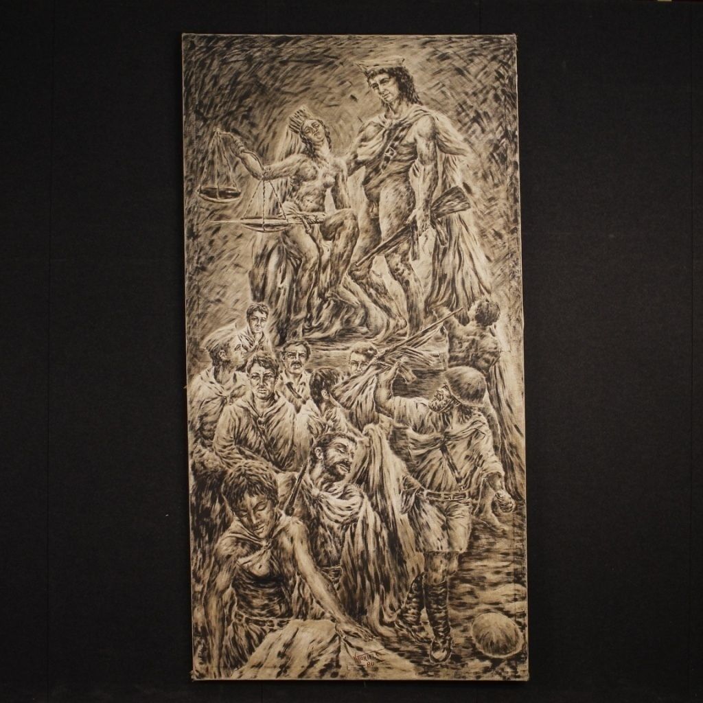 Painting Signed Vittorini C. Allegory Of The Judgment Of Soldiers In War