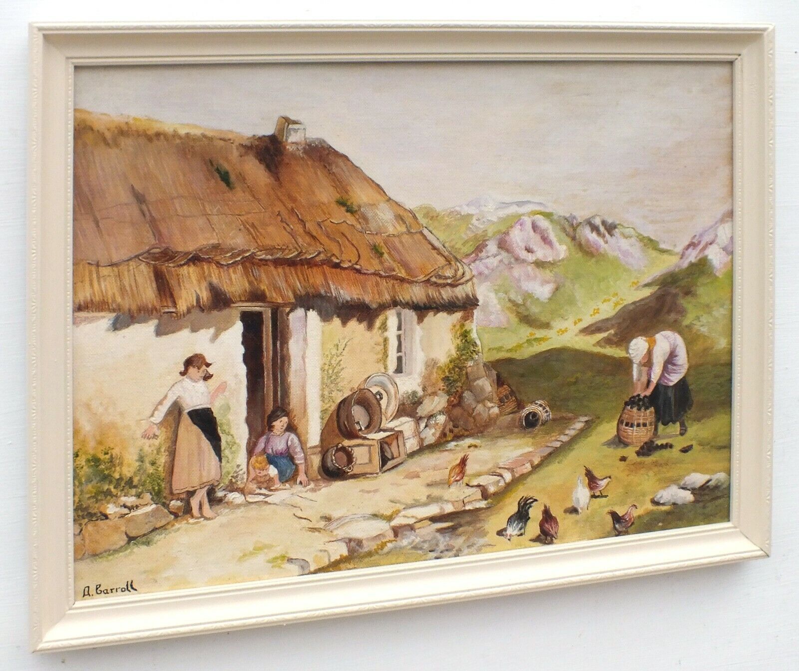 Thatched Cottage Landscape Derbyshire Children Vintage Oil Painting Framed photo for sale