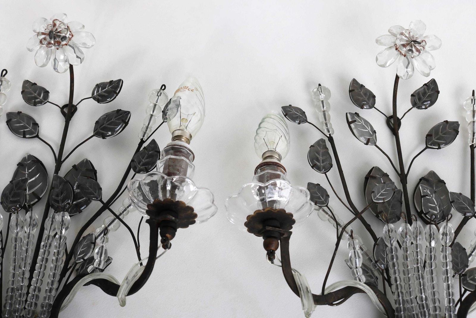Pair Of Vintage Maison Baguès Paris Wall Sconces French Couple Grystal And Iron Wall Lights Flowers And Leaves Early 20th Century photo buy