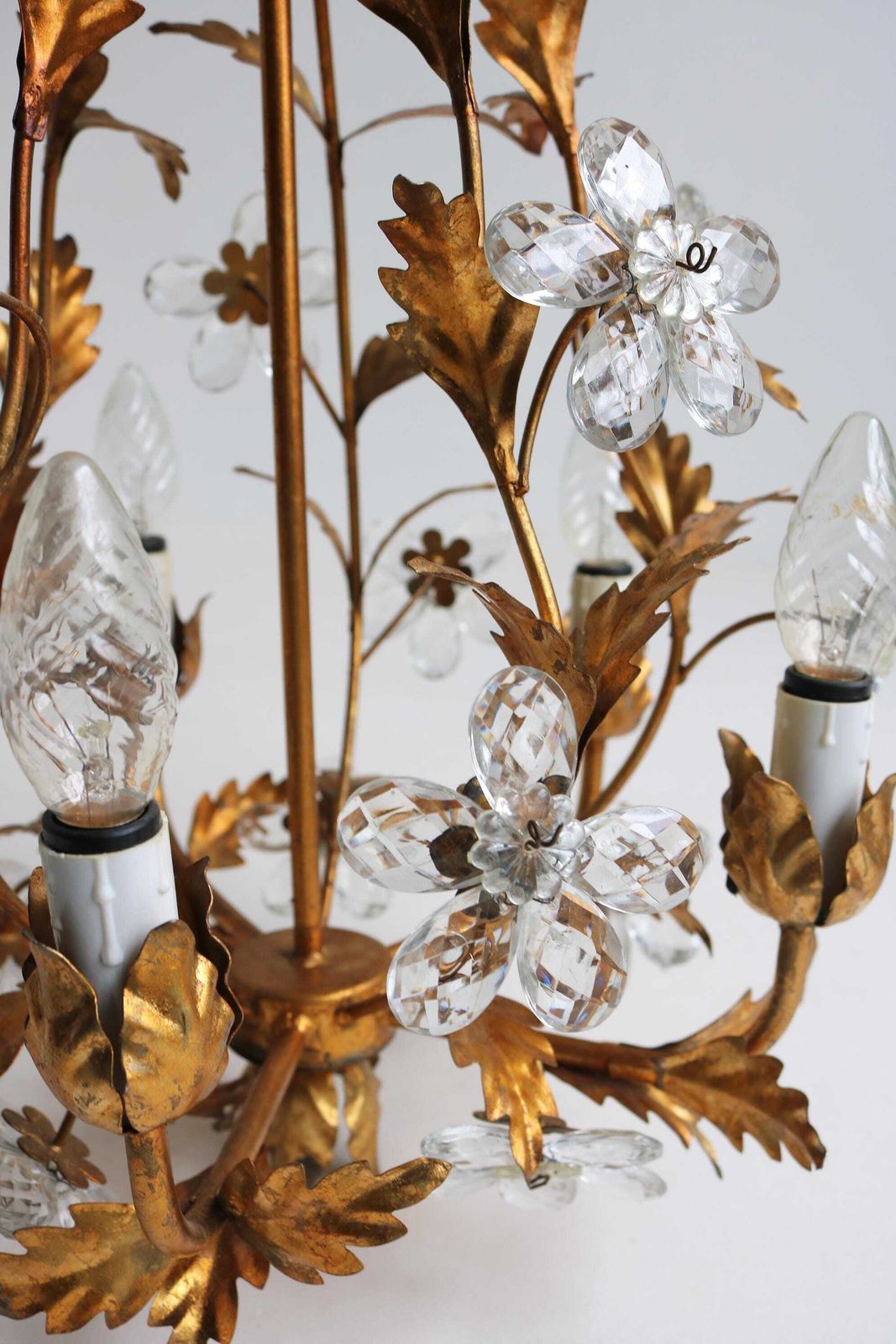 Mid Century Italiaanse Tole Kroonluchter Met Kristallen Bloemen – Hollywood Regency Hanglamp, Ca. Jaren 1950 photo 1281.0