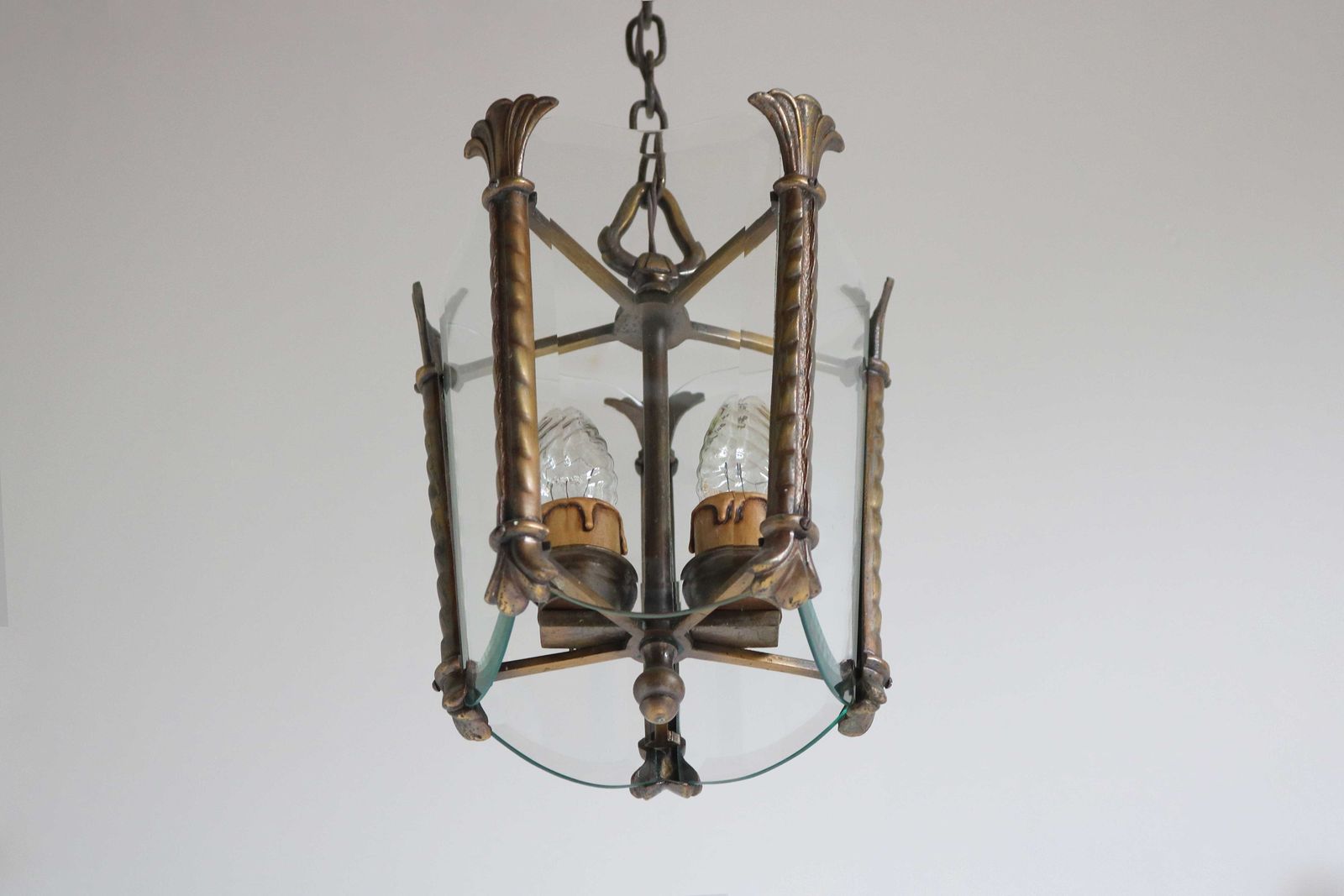 Antique Art Nouveau Bronze Lantern With Beveled Glass Panels Handcrafted Vintage French Entryway Hall Ceiling Light Pendant Brass Ca. 1900 photo vintage