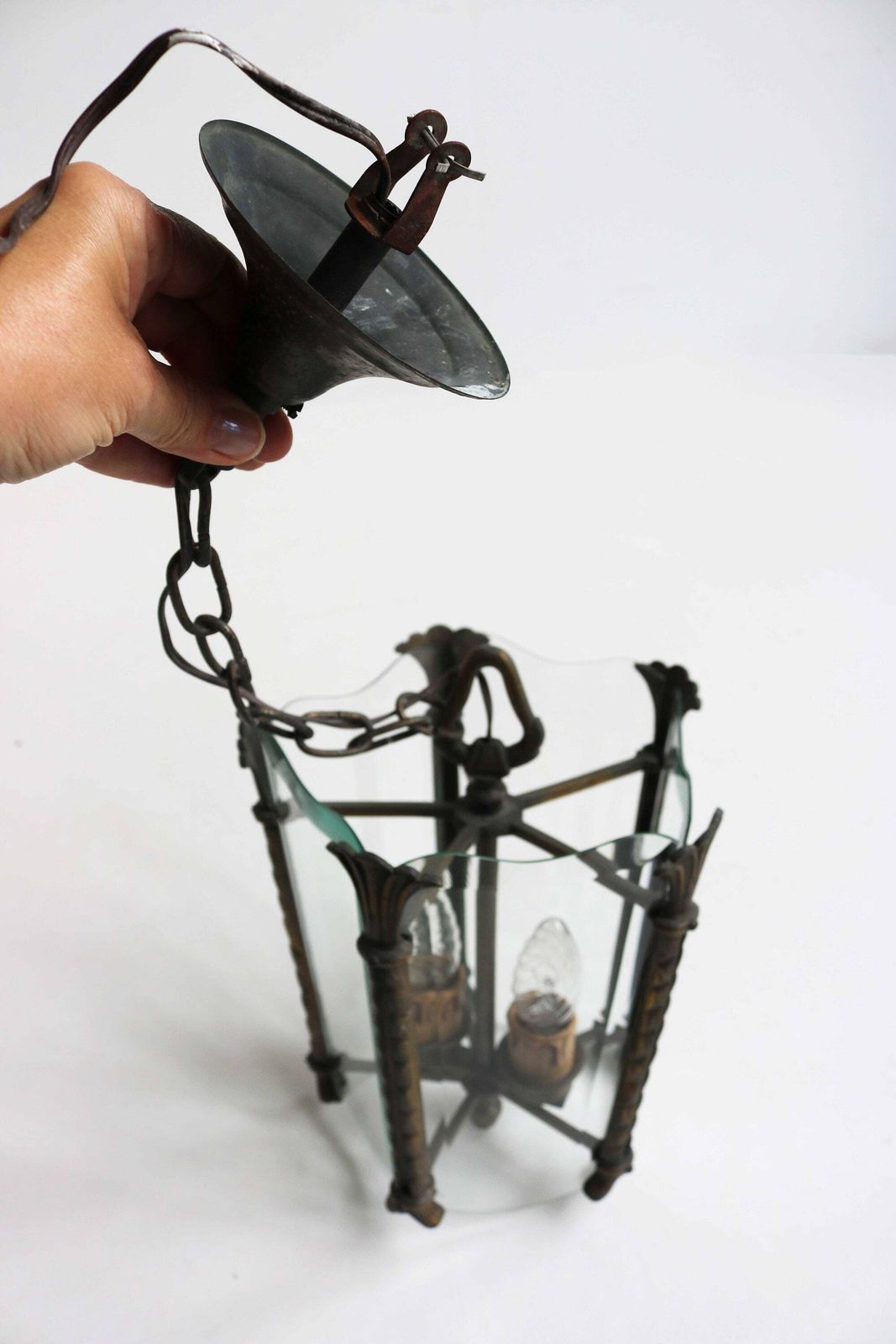 photo furniture Antique Art Nouveau Bronze Lantern With Beveled Glass Panels Handcrafted Vintage French Entryway Hall Ceiling Light Pendant Brass Ca. 1900