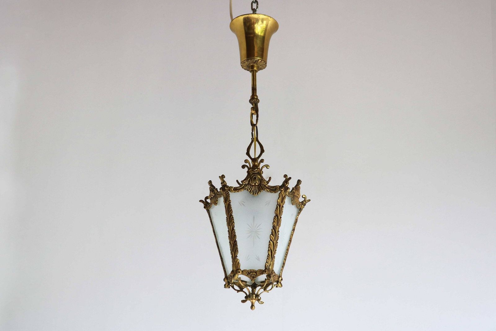 Antique French Rococo Style Brass And Frosted Etched Starburst Glass Lantern Hall Light Vestibule Ceiling Lamp French Provincial, Ca. 1900s photo furniture