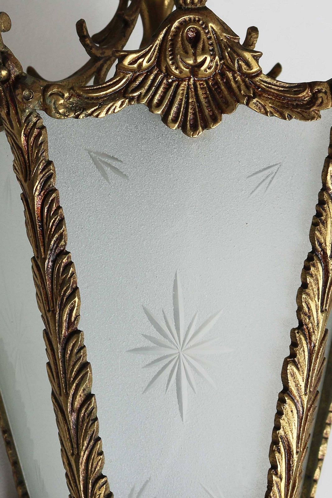Antique French Rococo Style Brass And Frosted Etched Starburst Glass Lantern Hall Light Vestibule Ceiling Lamp French Provincial, Ca. 1900s photo Lighting