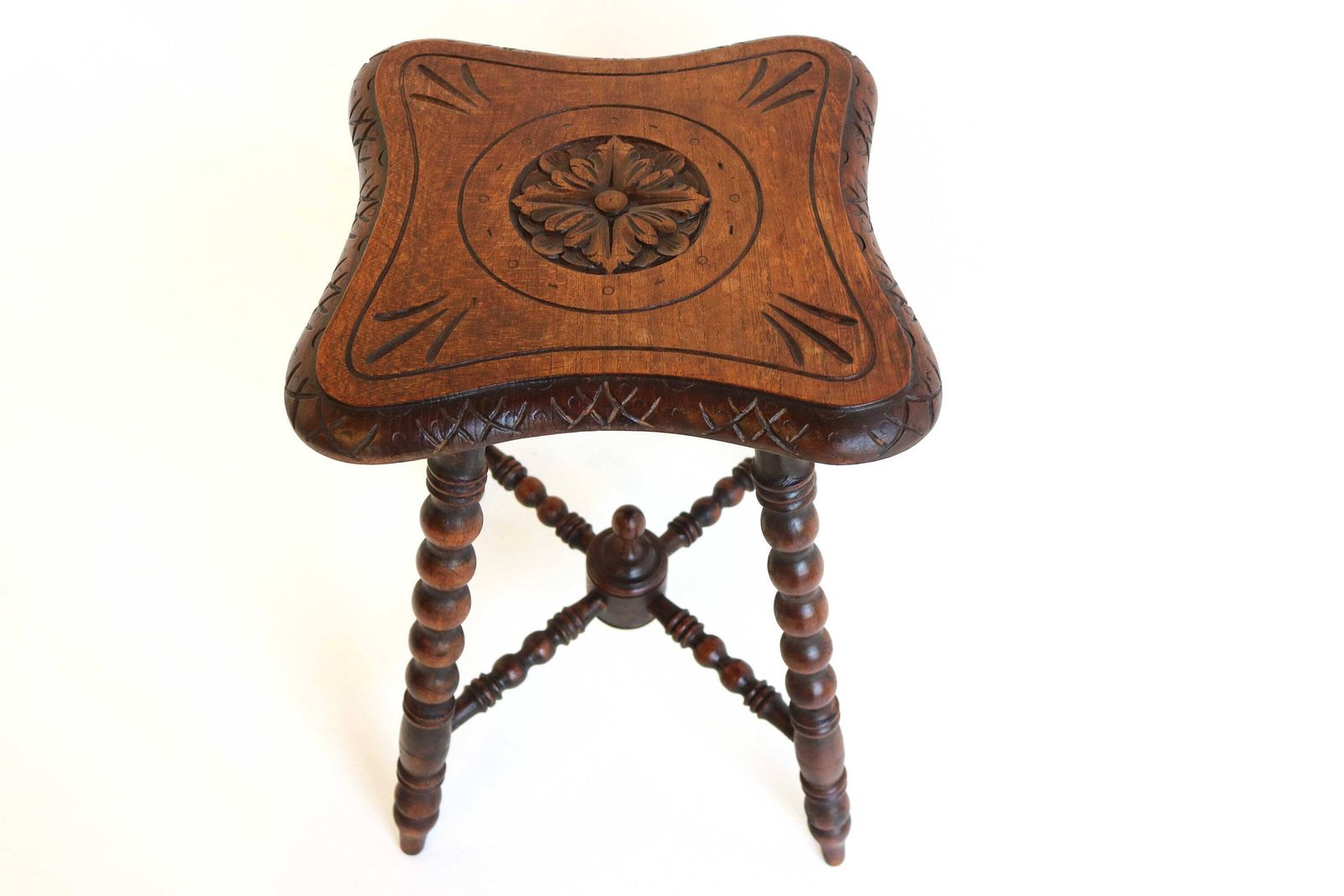 English Oak Stool, 19th Century Antique Victorian Style Carved Wood Carved Stool Bobbin Stool Side Table Kettle Stand Craftsmanship photo buy