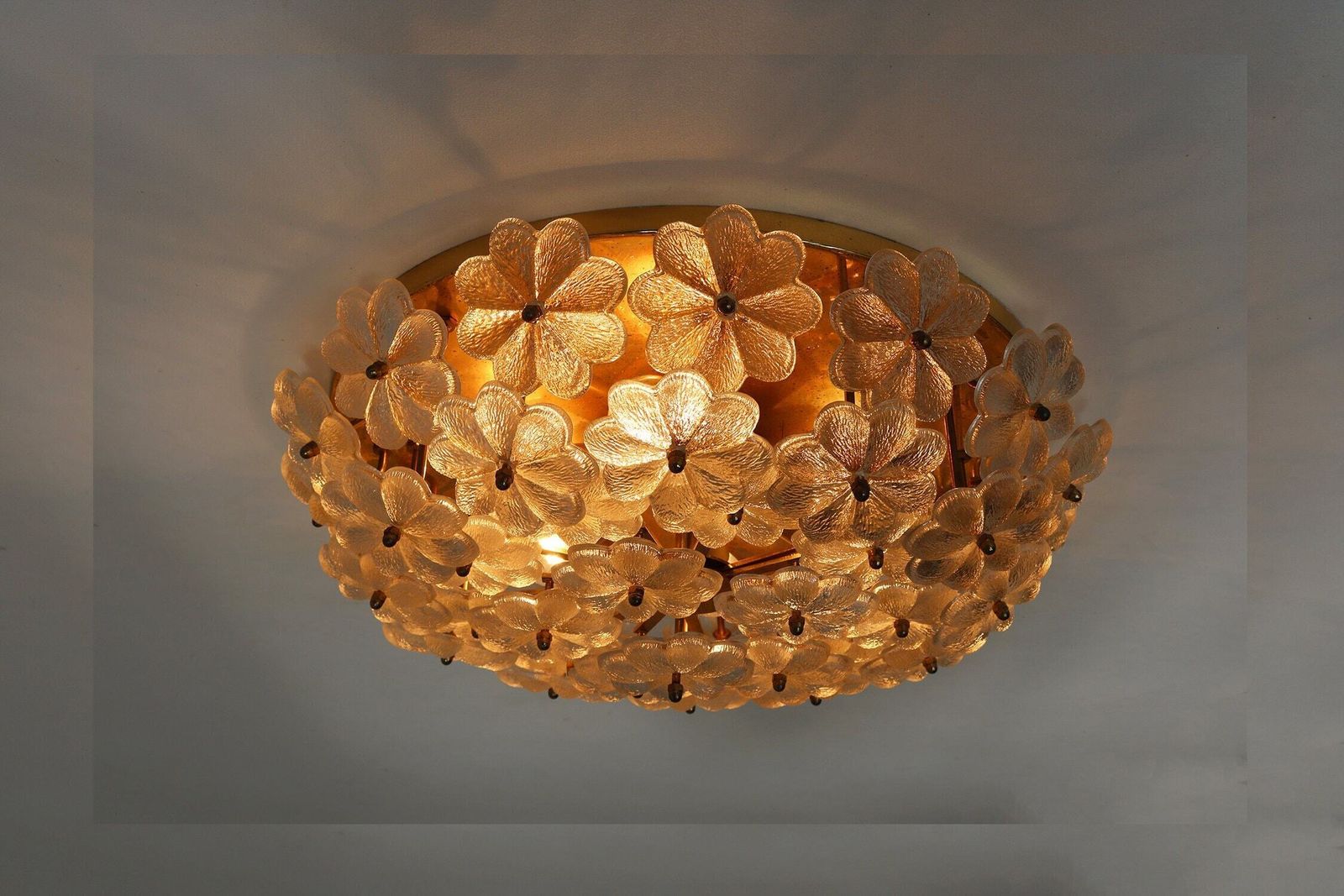 Xlarge Appr. 20" Diameter Mid Century Floral Murano Brass Crystal Glass Ceiling Light Ernst Palme Germany 1960 Flower Flush Mount Wall Light