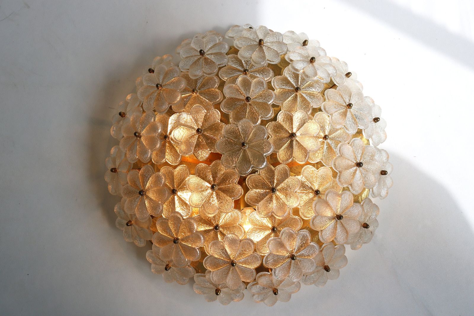 Xlarge Appr. 20" Diameter Mid Century Floral Murano Brass Crystal Glass Ceiling Light Ernst Palme Germany 1960 Flower Flush Mount Wall Light photo 2242.0
