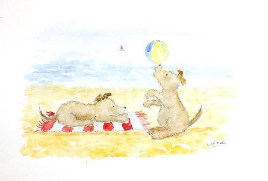 Beach Dogs Puppies Illustration Cute Original Watercolour Painting Andi J Lucas