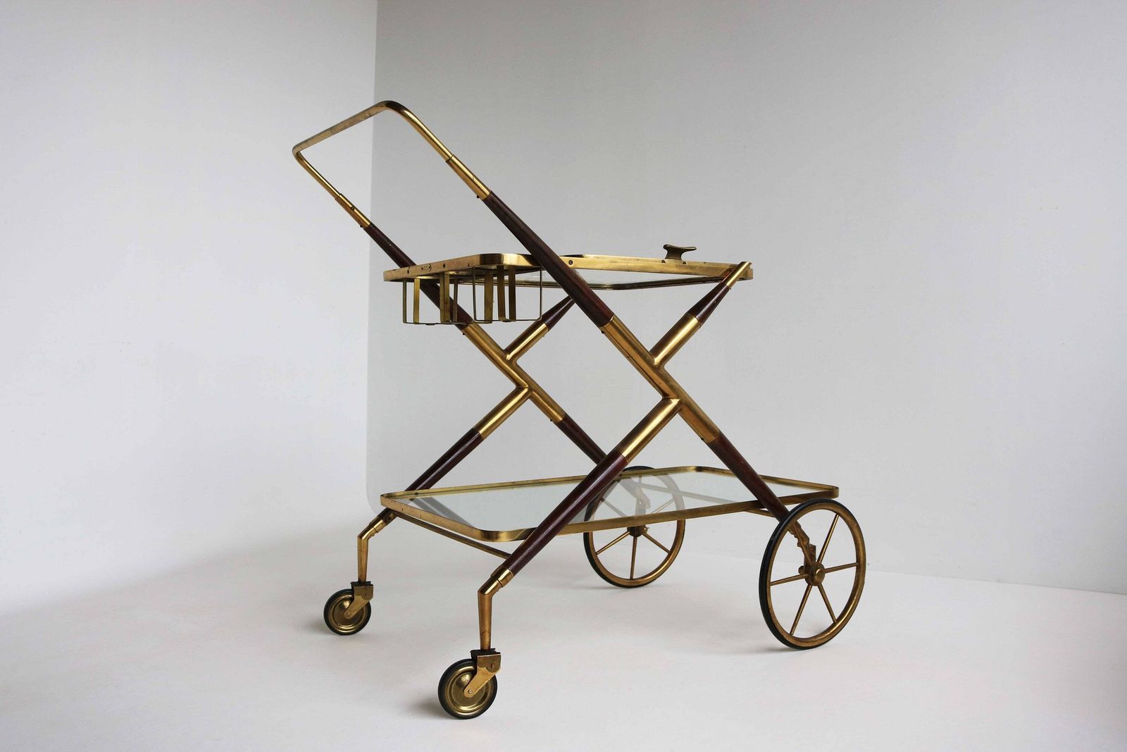 Mid Century Brass And Wood Italian Bar Cart Designed By Cesare Lacca 1957 Antique Side Table Serving Trolley Serving Tray Bottle Holder photo vinterior