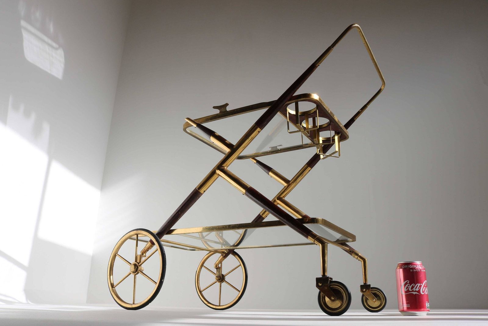 photo for sale Mid Century Brass And Wood Italian Bar Cart Designed By Cesare Lacca 1957 Antique Side Table Serving Trolley Serving Tray Bottle Holder