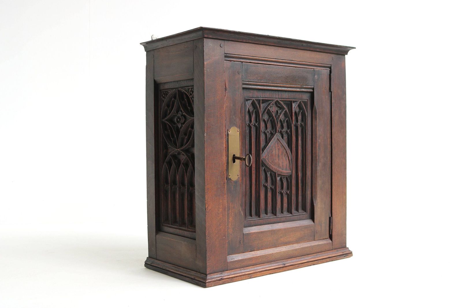 Authentic Antique Wooden, Carved Neo Gothic Small Wall Cabinet France 19th Century Medicine Cabinet Gothic Revival Craftsmanship