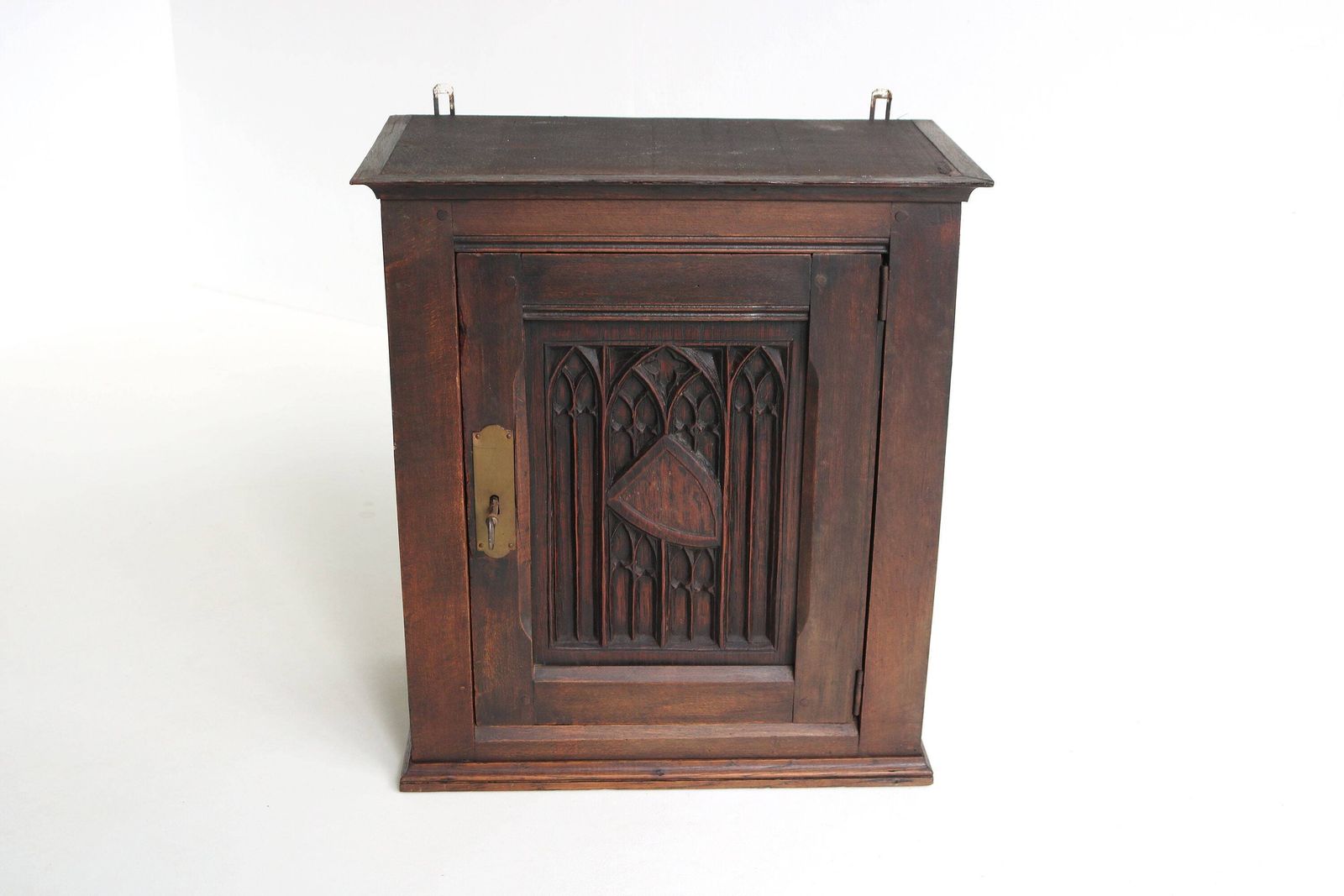 Authentic Antique Wooden, Carved Neo Gothic Small Wall Cabinet France 19th Century Medicine Cabinet Gothic Revival Craftsmanship photo Furniture