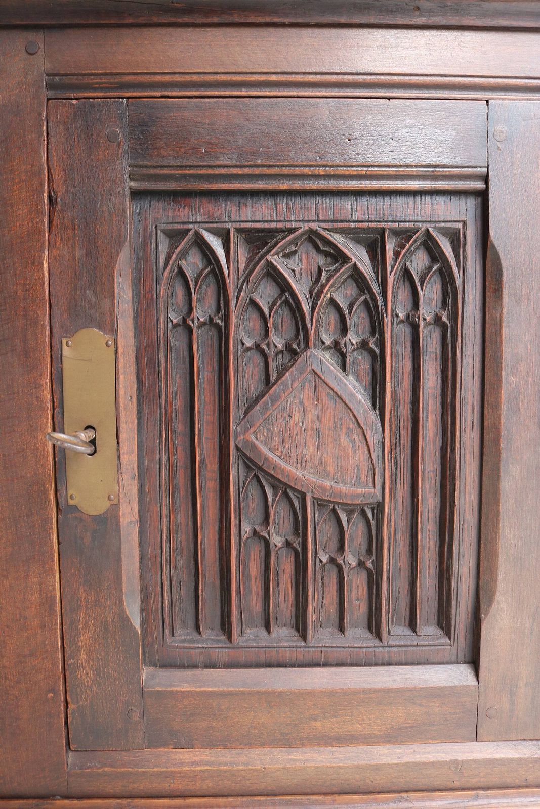 Authentic Antique Wooden, Carved Neo Gothic Small Wall Cabinet France 19th Century Medicine Cabinet Gothic Revival Craftsmanship photo vinterior