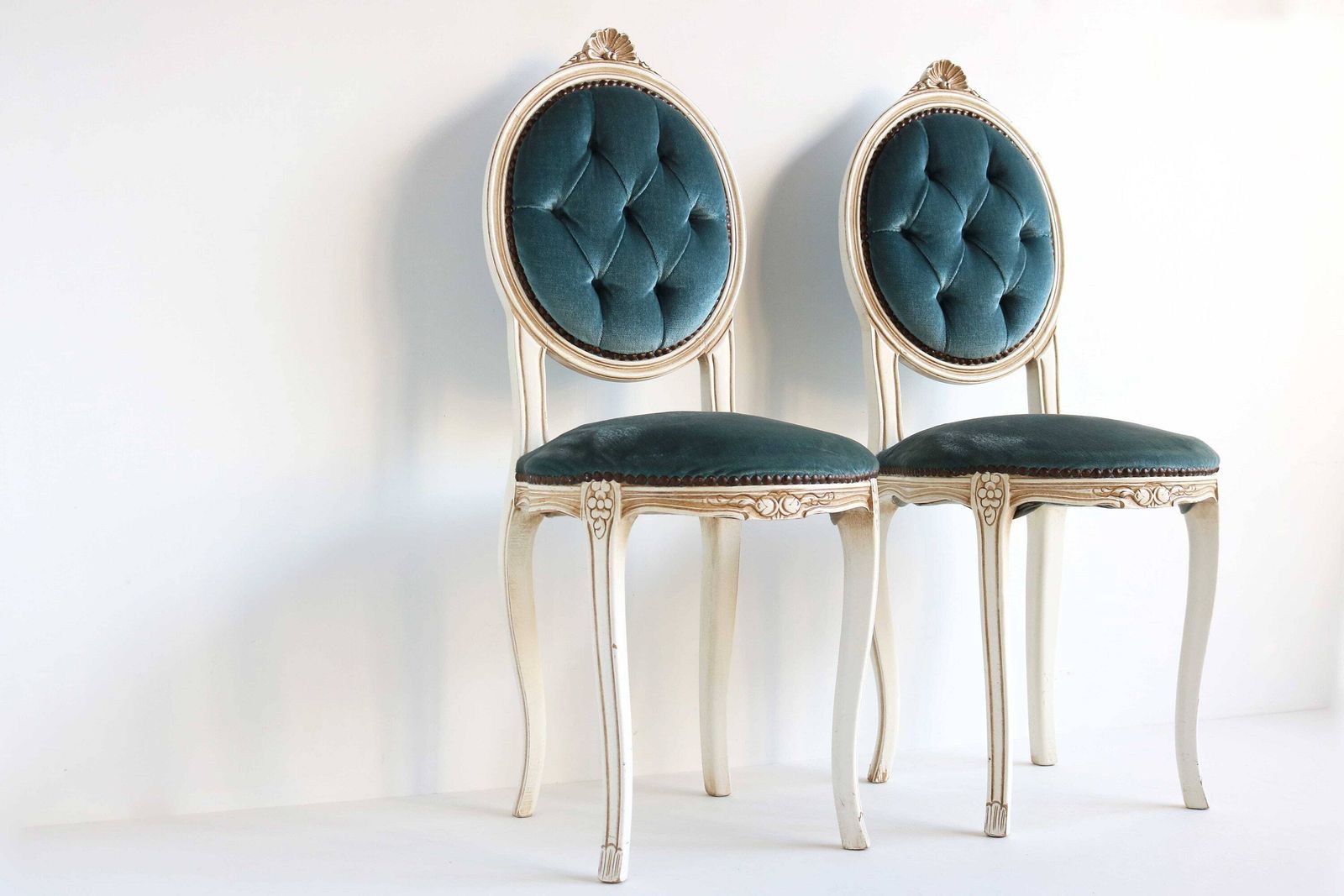 Couple Louis XV Style Quilted Blue Fabric Ding Chairs Lovely Side Chairs Vanity Chairs Two Bedroom Chairs Hollywood Regency Italian 1960s photo for sale