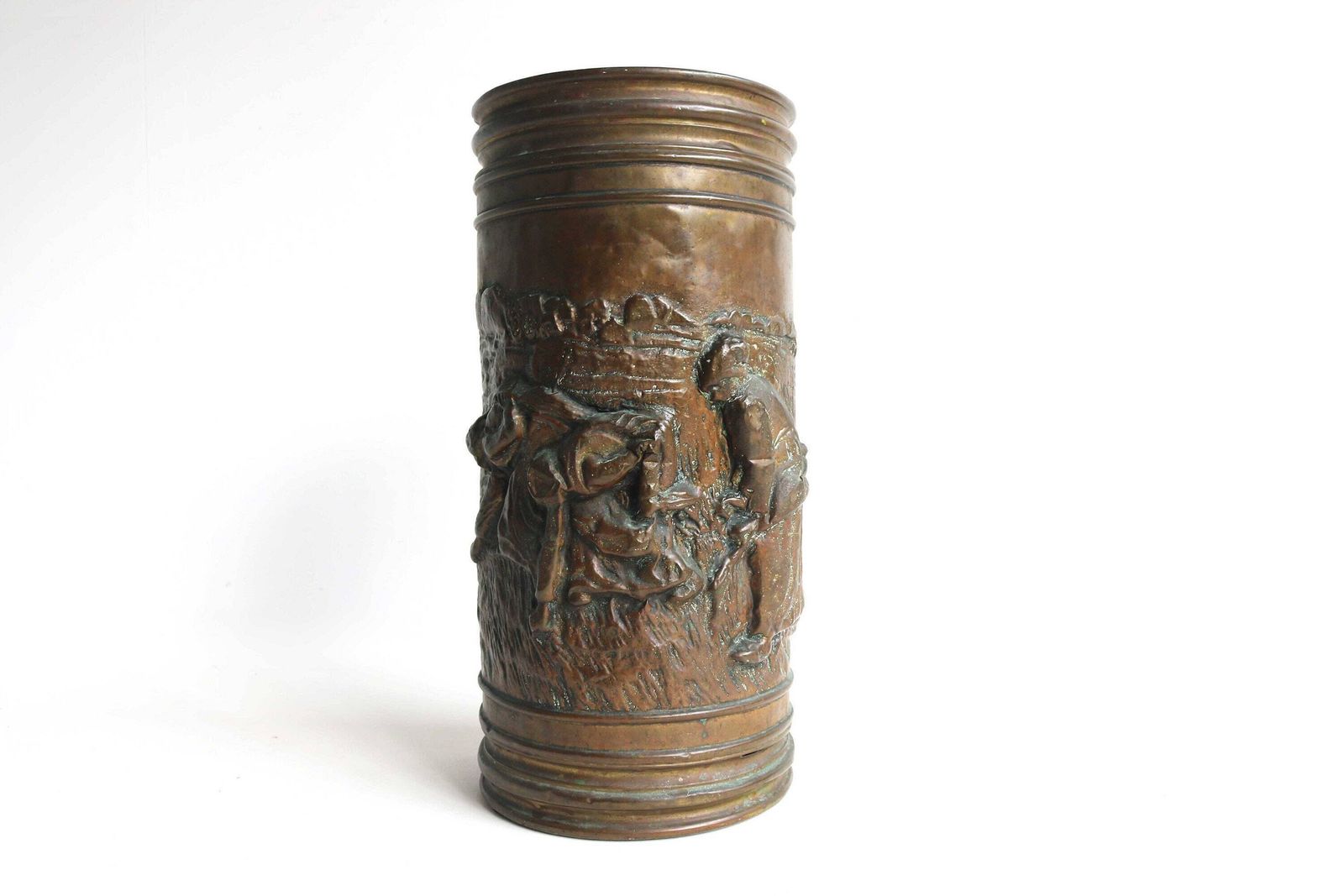 Antique Handmade Cylindrical Form Deeply Embossed Walking Stick Stand Umbrella Stand Umbrella Holder Craftsmanship Farmer Scene 1920 1930s
