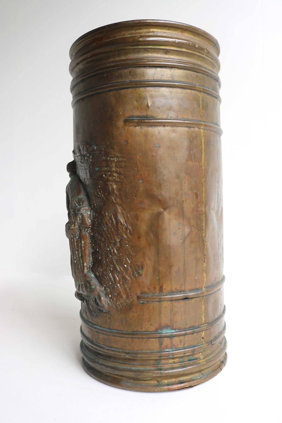 Antique Handmade Cylindrical Form Deeply Embossed Walking Stick Stand Umbrella Stand Umbrella Holder Craftsmanship Farmer Scene 1920 1930s photo for sale
