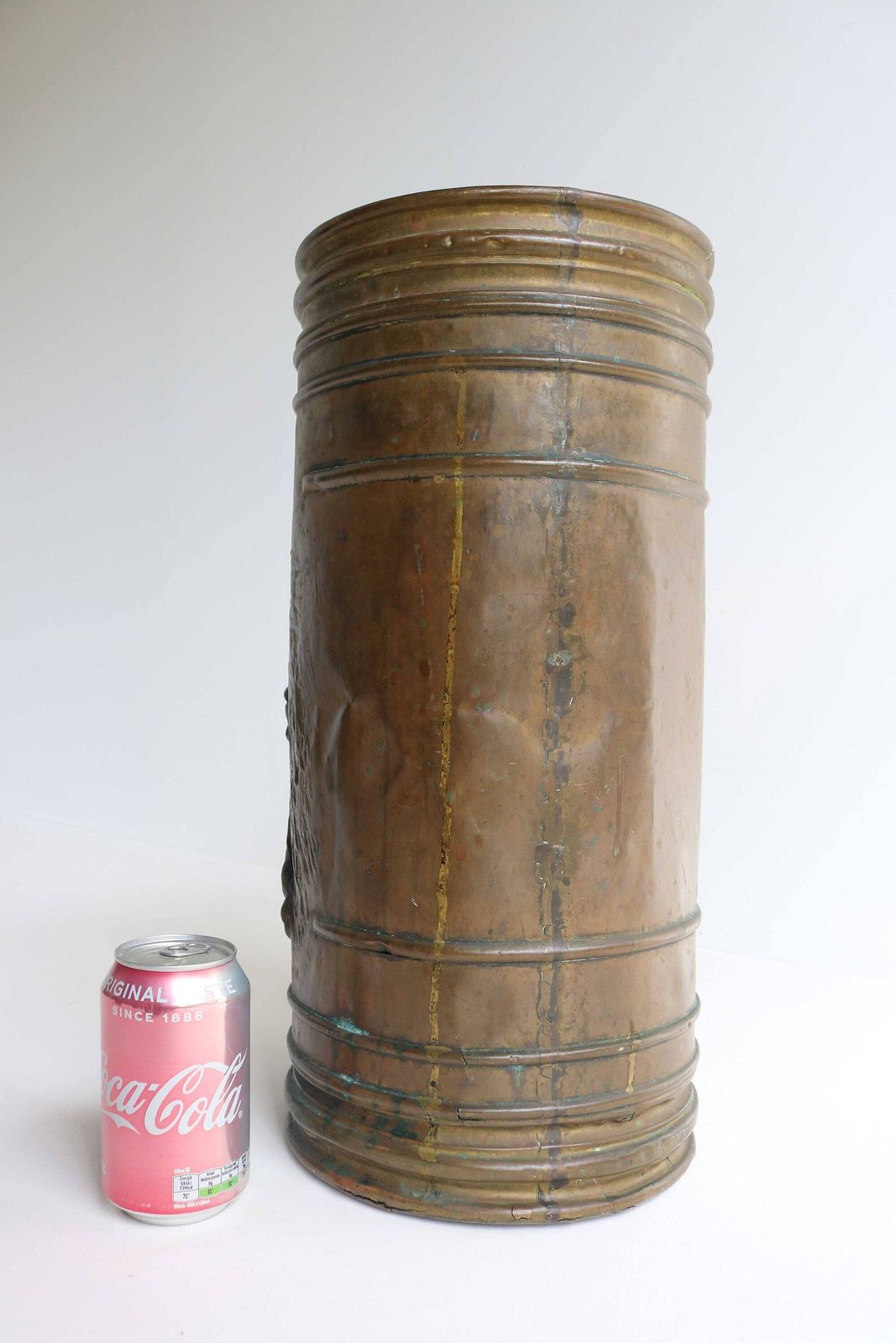 Antique Handmade Cylindrical Form Deeply Embossed Walking Stick Stand Umbrella Stand Umbrella Holder Craftsmanship Farmer Scene 1920 1930s photo Home Decor
