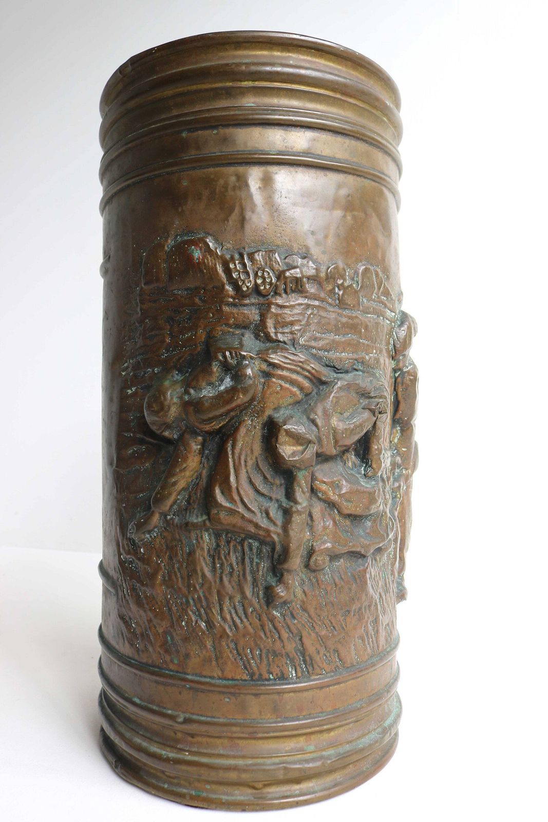 Antique Handmade Cylindrical Form Deeply Embossed Walking Stick Stand Umbrella Stand Umbrella Holder Craftsmanship Farmer Scene 1920 1930s photo vinterior