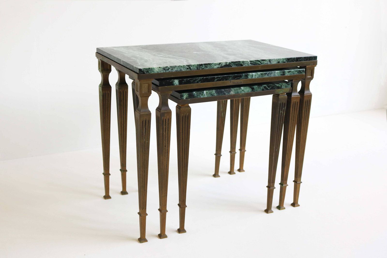 Regency Brass And Marble Nesting Side Tables, Style Maison Jansen Mid Century Nest Of Tables With Green Marble Tops France Louis XVI Empire photo 1703.0