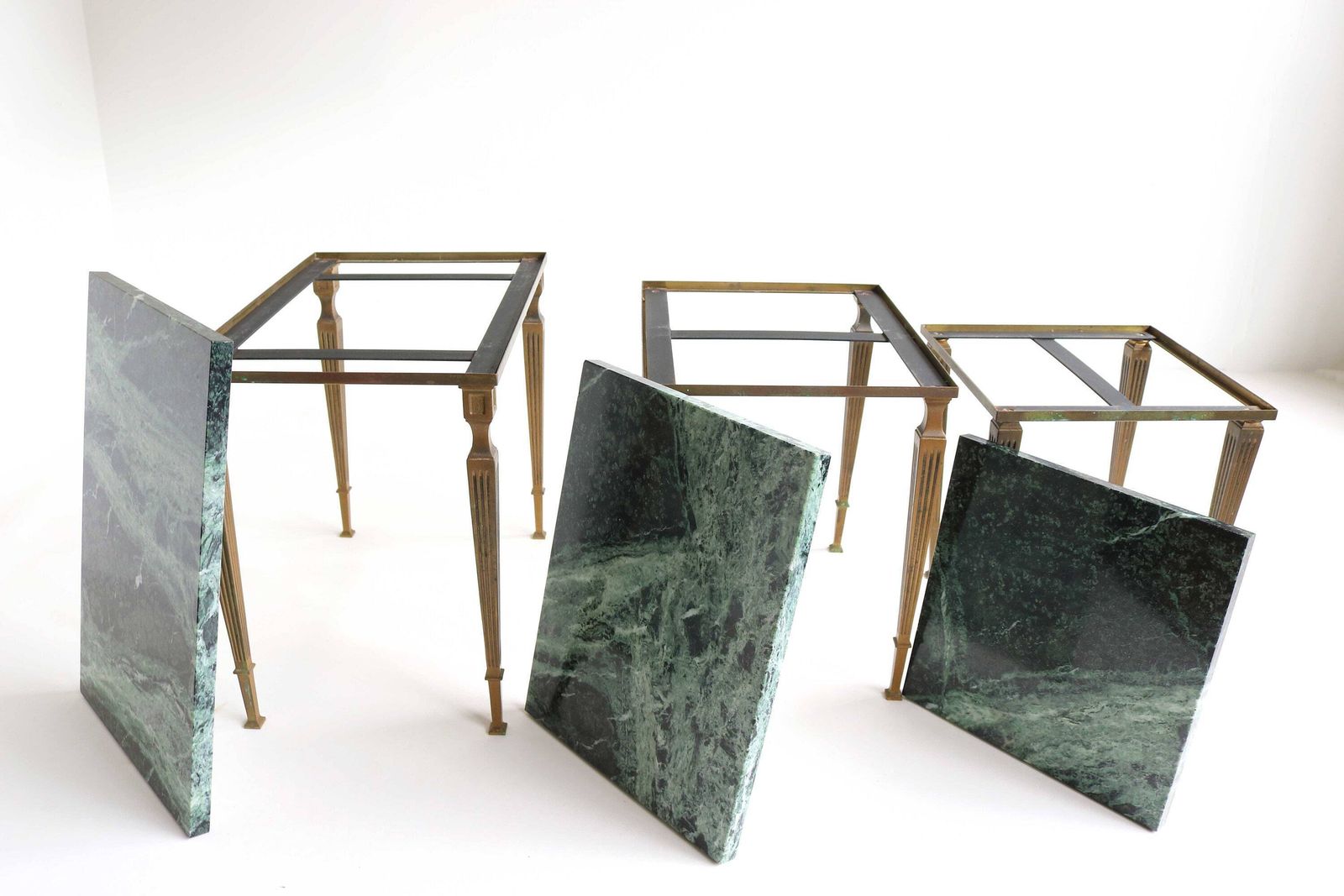 photo for sale Regency Brass And Marble Nesting Side Tables, Style Maison Jansen Mid Century Nest Of Tables With Green Marble Tops France Louis XVI Empire