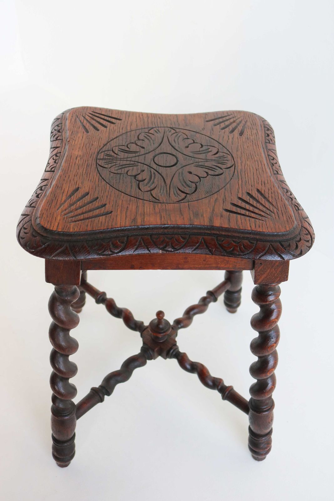 Rustic English Oak Stool Antique Victorian Style Carved Wood Carved Stool Barley Twist Stool Side Table Kettle Stand Country Home 1880 1900 photo for sale