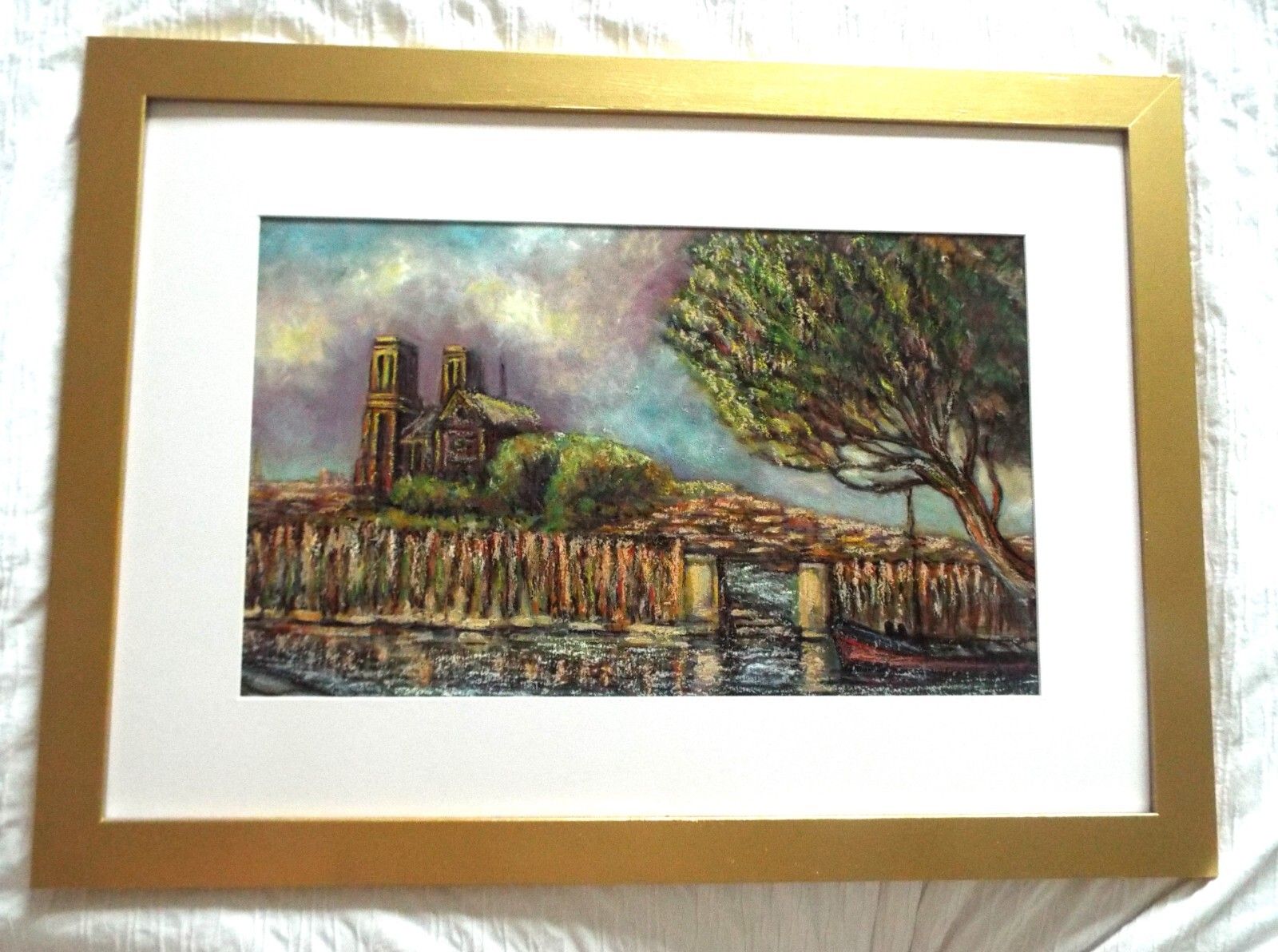 Notre Dame Paris From The Banks Of The River Seine, Original Framed Oil Painting