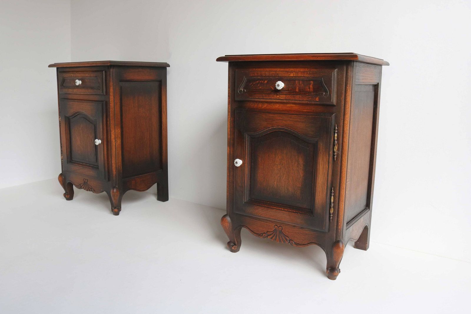French Pair Of Country Louis XV Style Antique Style Hand Carved Oak Nightstands Midcentury Bedside Tables Vintage End Tables 1960s photo vinterior