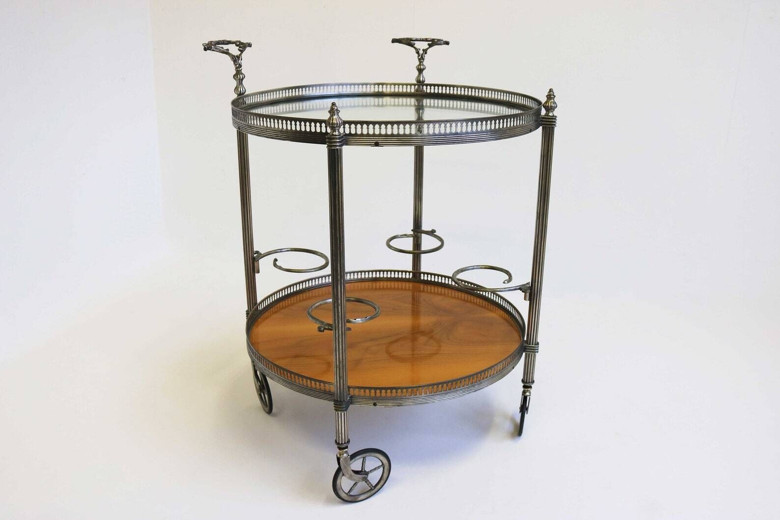 Mid Century Round Silver Bar Cart Clear Glass And Wood Four Bottle Holders And Two Handles Vintage Serving Trolly Tea Cart Side Table 1950s