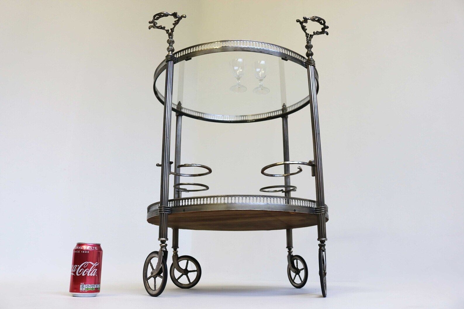 photo for sale Mid Century Round Silver Bar Cart Clear Glass And Wood Four Bottle Holders And Two Handles Vintage Serving Trolly Tea Cart Side Table 1950s