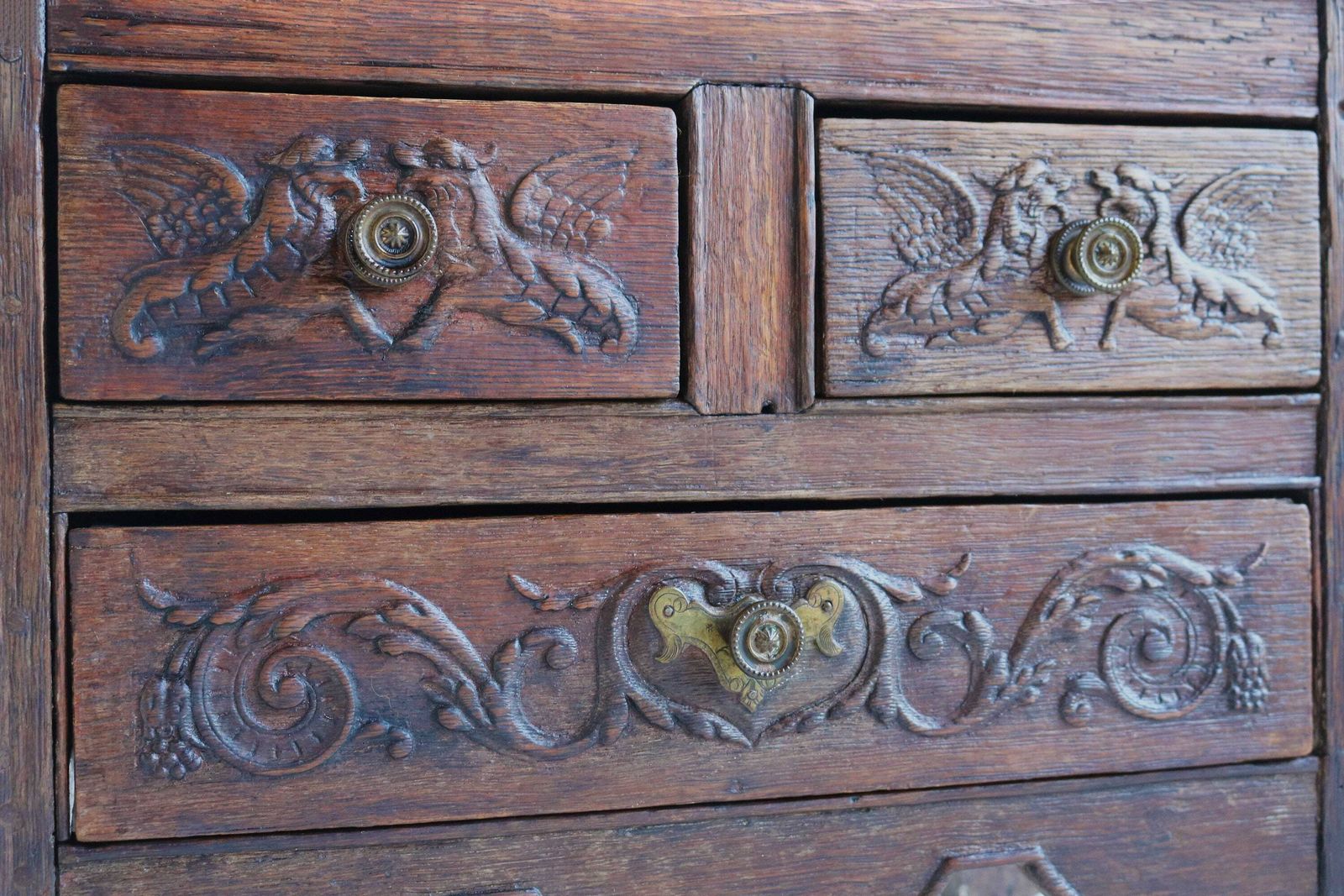 Antique Child Secretaire Small Slanted Lift Top Desk Children's Oak Petit Bureau 19th Century 1870s Hand Carved Griffins / Dragons photo for sale