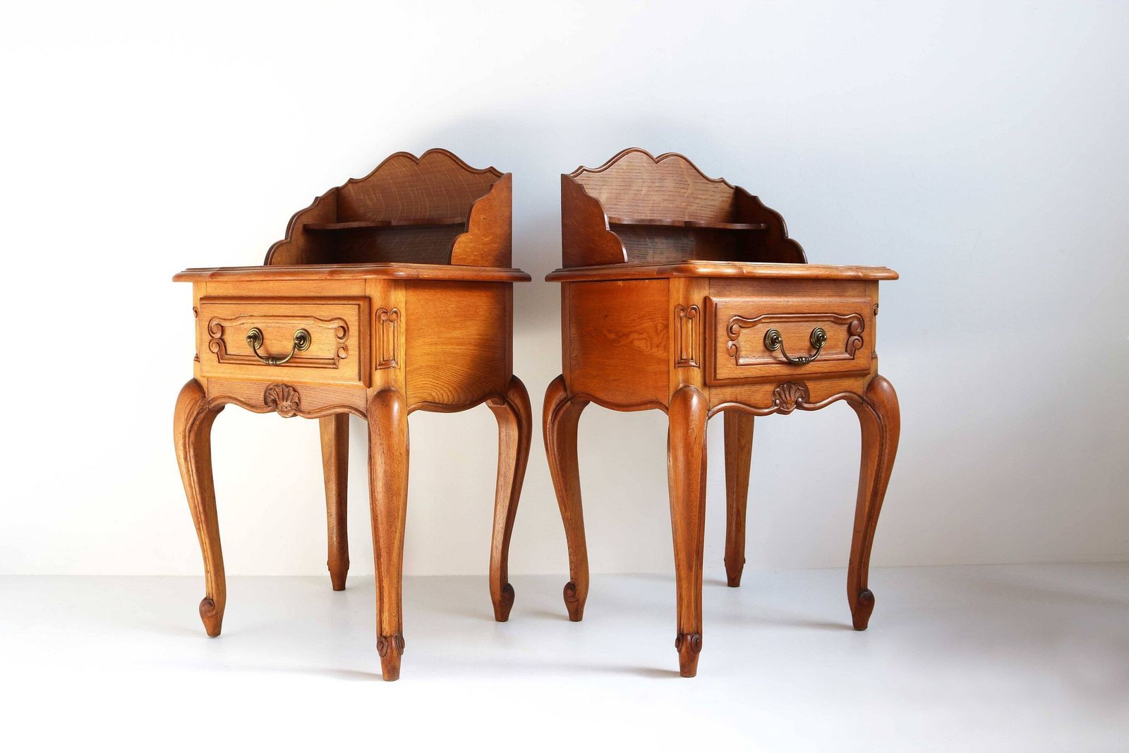 Couple Louis XV Style Drawer And Shelf Bedside Tables Set Of 2 French Provincial Nightstands Oak Side Tables Wooden Cabinets Midcentury 60s