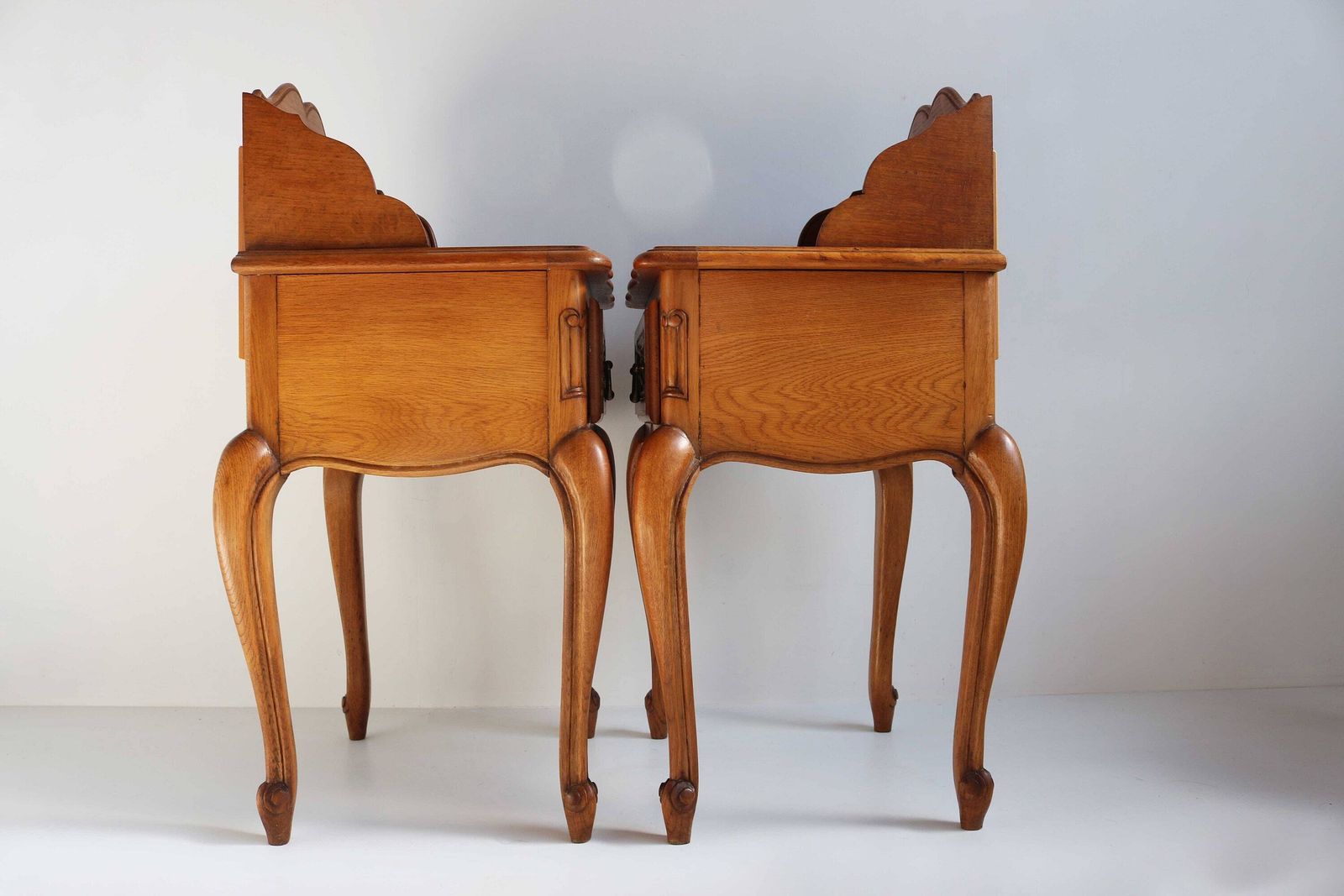 Couple Louis XV Style Drawer And Shelf Bedside Tables Set Of 2 French Provincial Nightstands Oak Side Tables Wooden Cabinets Midcentury 60s photo vintage