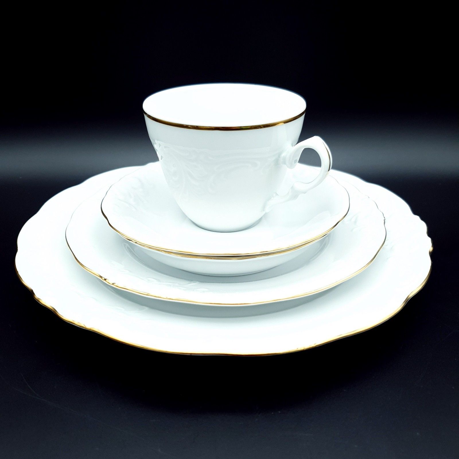 Rockley Fine Porcelain Set Of 5 White Gold Tea Cup, Saucer, Dish, Plates Vintage