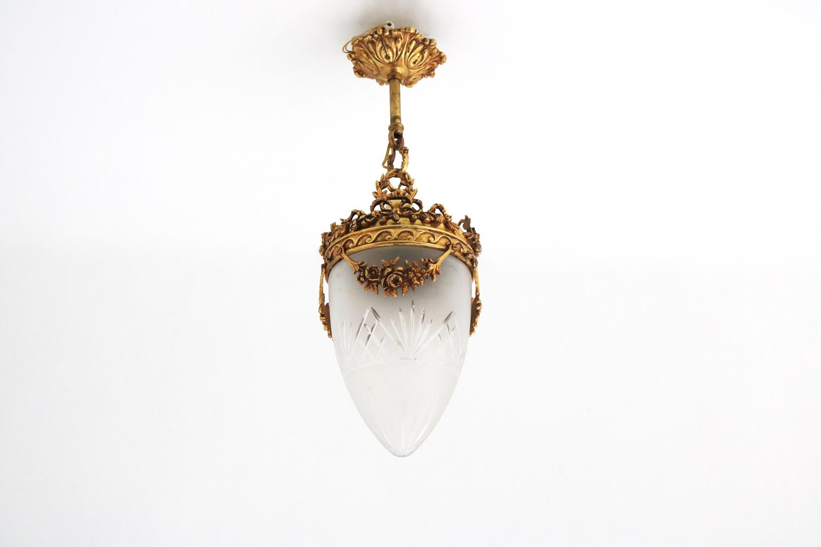 Mid  Century French Hanging Lamp In Gilded Brass And Frosted Etched Glass Art Nouveau Style Teardrop Shape Ceiling Lamp Louis XVI Style