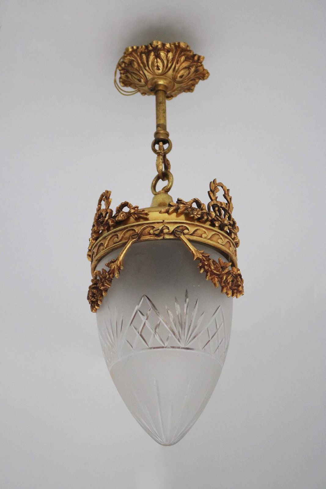 Mid  Century French Hanging Lamp In Gilded Brass And Frosted Etched Glass Art Nouveau Style Teardrop Shape Ceiling Lamp Louis XVI Style photo for sale