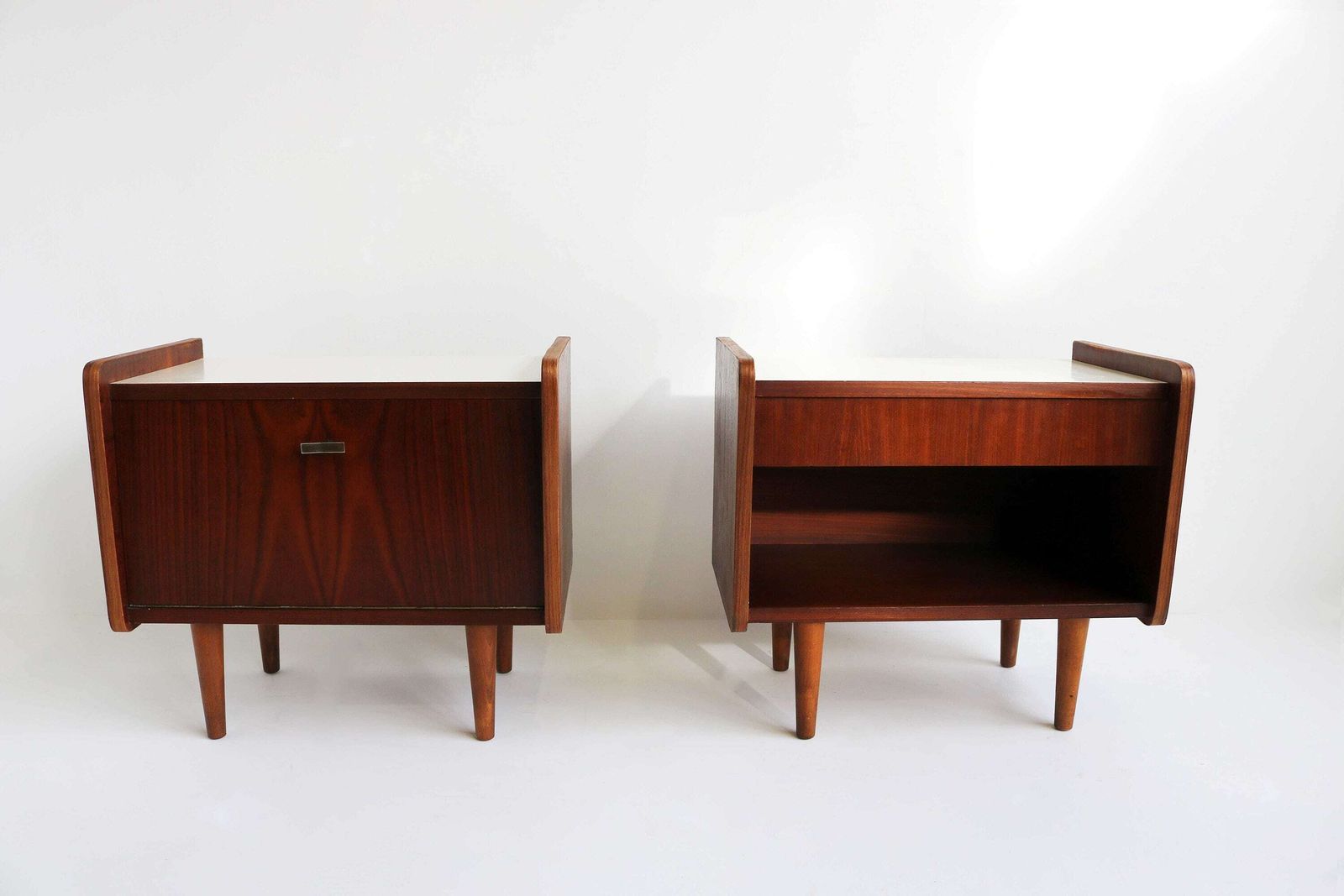 Pair Of Midcentury Modern Teak Veneer Nightstands With White Formica Tops Mirror Scandinavian 60 Bedside Table Additional Side Table Danish photo Furniture