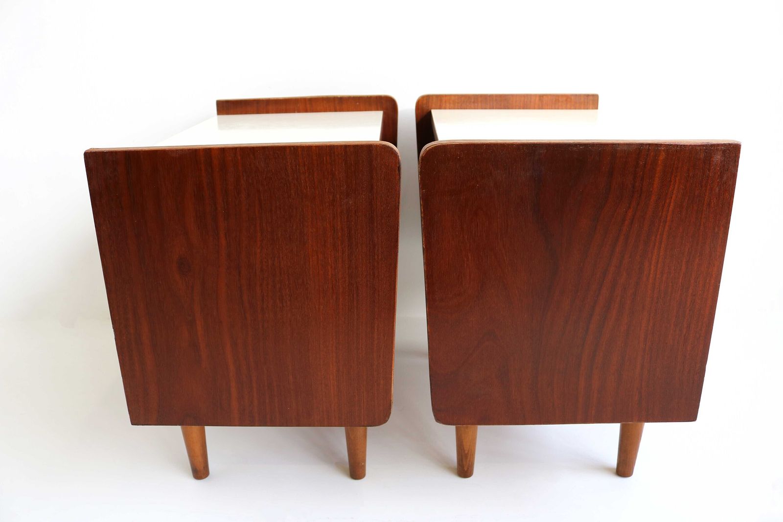 Pair Of Midcentury Modern Teak Veneer Nightstands With White Formica Tops Mirror Scandinavian 60 Bedside Table Additional Side Table Danish photo buy