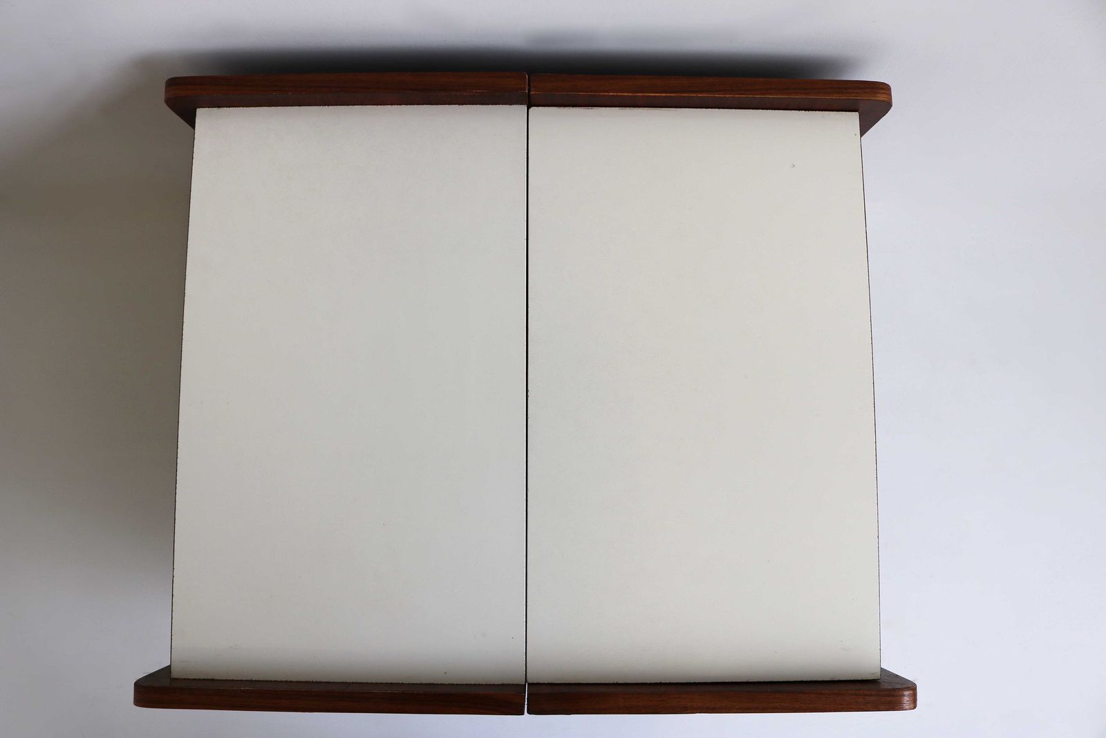 Pair Of Midcentury Modern Teak Veneer Nightstands With White Formica Tops Mirror Scandinavian 60 Bedside Table Additional Side Table Danish photo vintage
