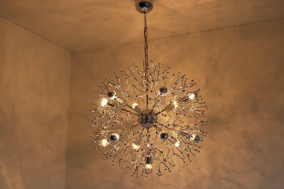 Extra Large Sputnik Chandelier Gaetano Sciolari Italy 60's Thirteen Lights Pendant Chromed Space Age Design Vintage Hanging Light Dandelion photo for sale
