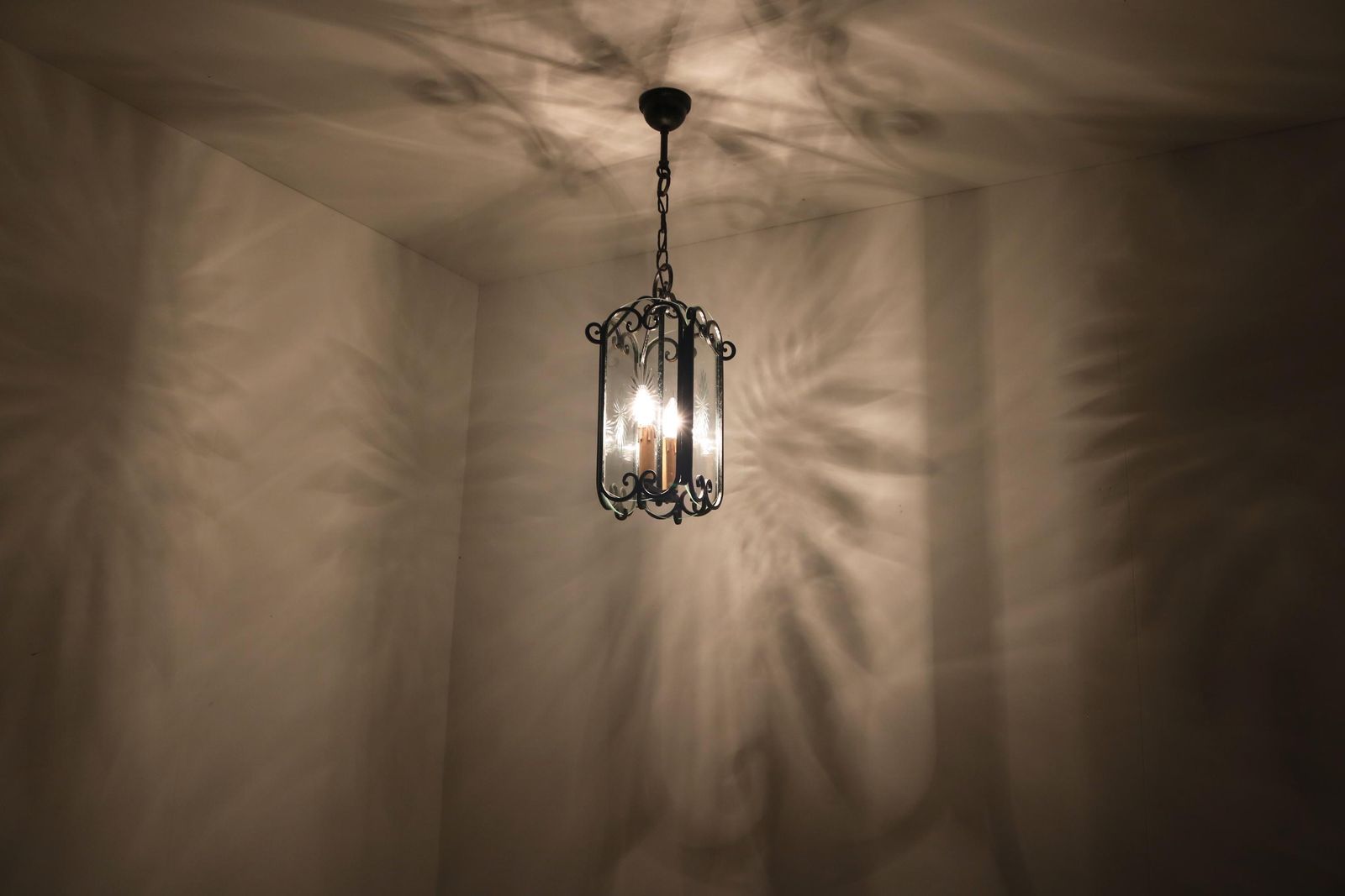 Vintage Rustic Iron Hanging Hall Lantern Chandelier French Pendant Etched Glass Ceiling Lamp Antique Entryway Hall Light Hand Forged 1950s photo for sale