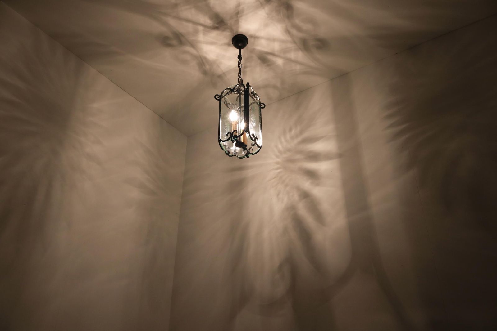 Vintage Rustic Iron Hanging Hall Lantern Chandelier French Pendant Etched Glass Ceiling Lamp Antique Entryway Hall Light Hand Forged 1950s photo buy