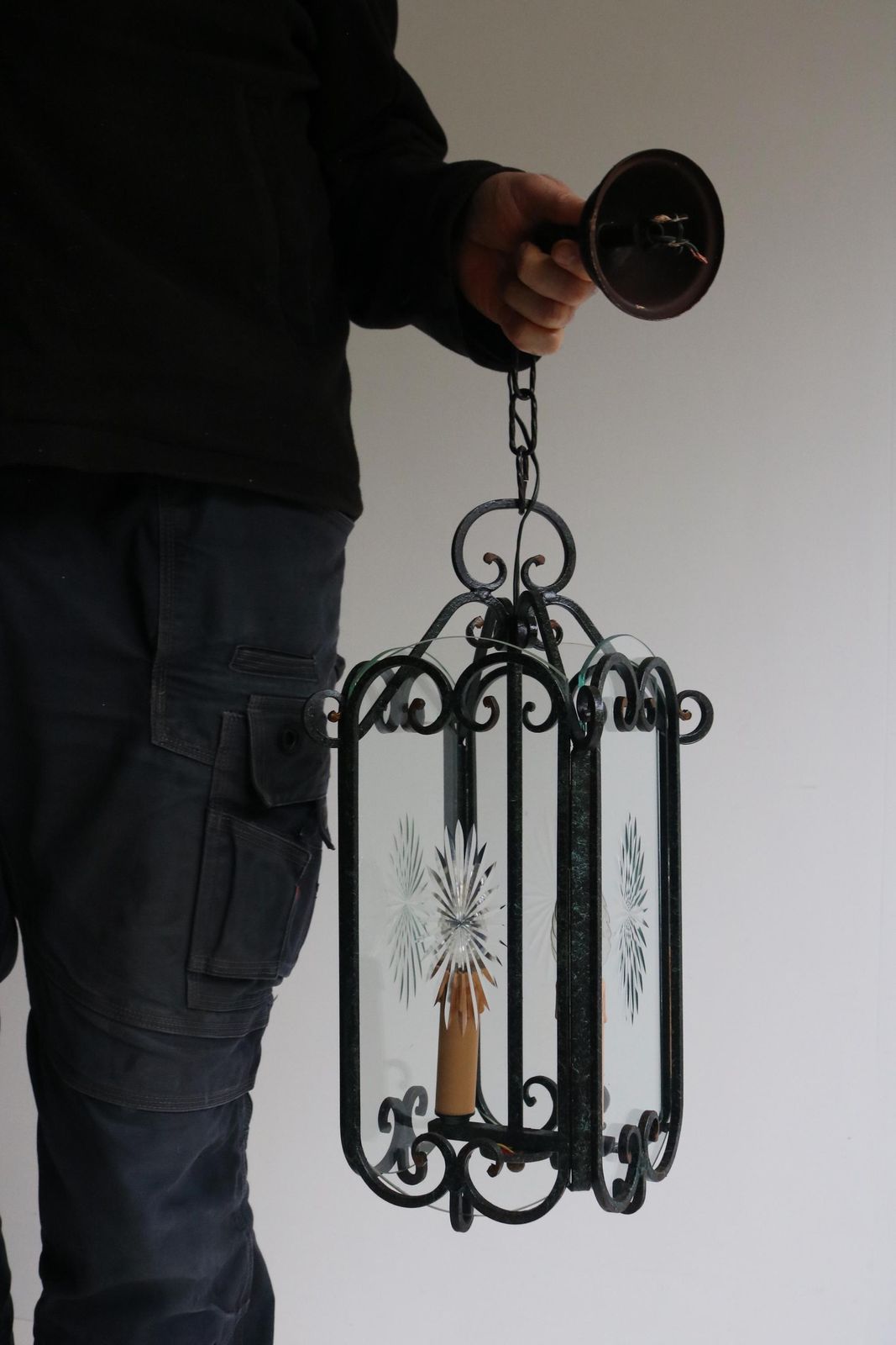photo furniture Vintage Rustic Iron Hanging Hall Lantern Chandelier French Pendant Etched Glass Ceiling Lamp Antique Entryway Hall Light Hand Forged 1950s