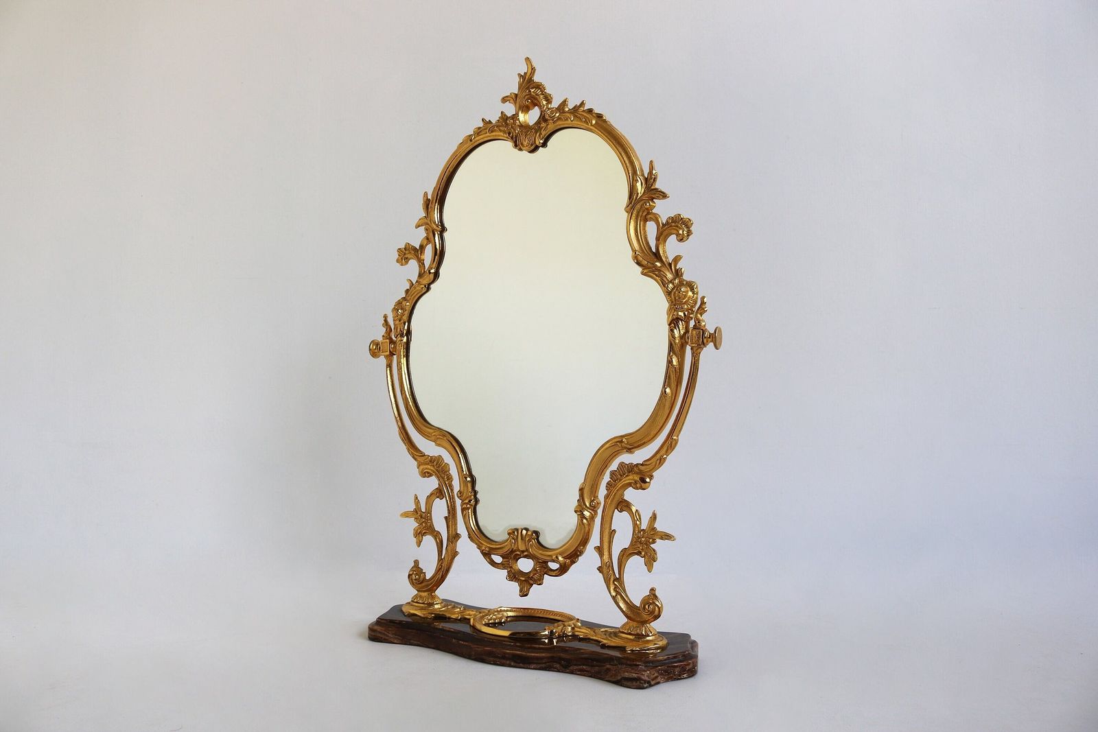 Mid Century Ornate Gilded Casted Brass Brown Marble Vanity Mirror Dressing Tabletop Mirror Gold Romantic 1960 Classic Antique Style Folding
