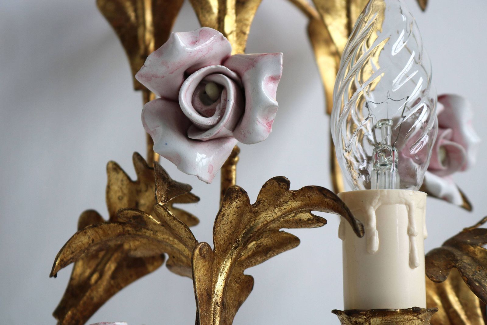 Pretty Pair Of Gilded Tole Italian Wall Sconces With Hand Made Pink Porcelain Roses Flower Wall Lights Hollywood Regency Romantic 1950 1960 photo for sale