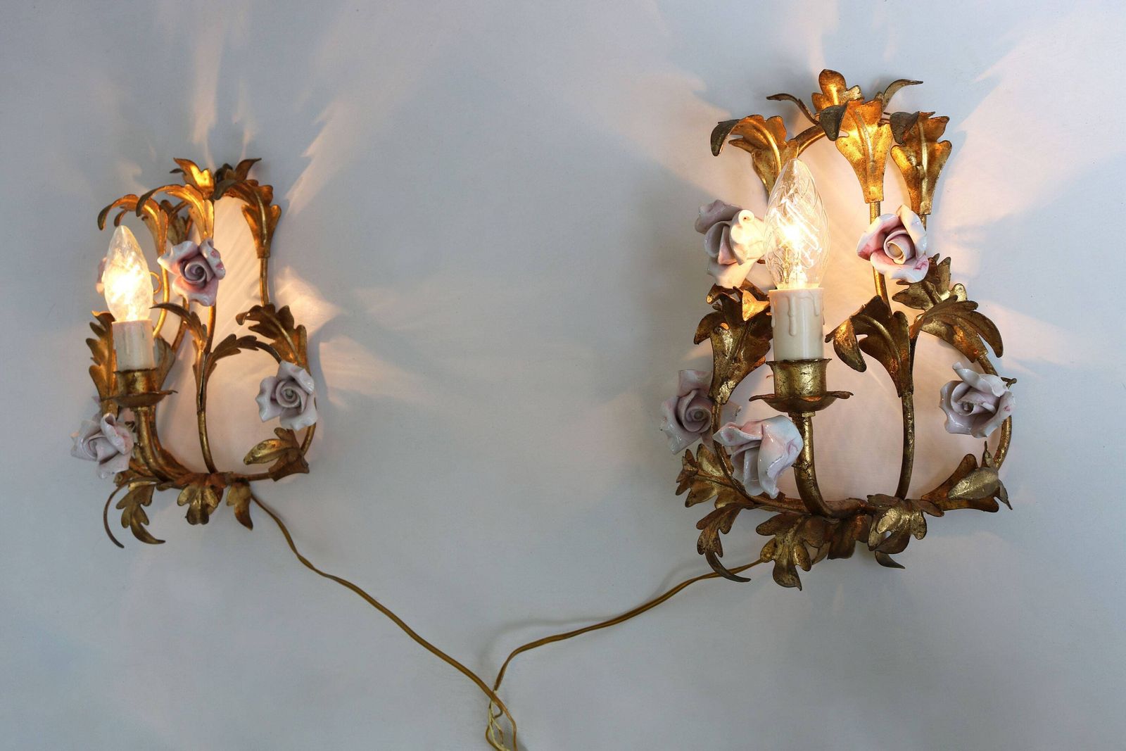 Pretty Pair Of Gilded Tole Italian Wall Sconces With Hand Made Pink Porcelain Roses Flower Wall Lights Hollywood Regency Romantic 1950 1960 photo Lighting