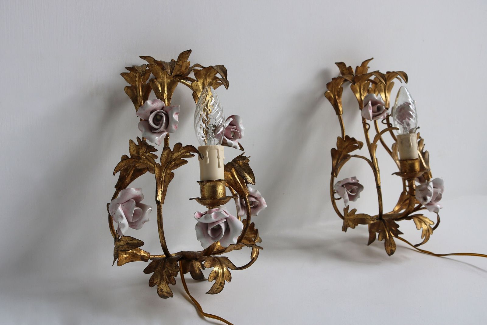 Pretty Pair Of Gilded Tole Italian Wall Sconces With Hand Made Pink Porcelain Roses Flower Wall Lights Hollywood Regency Romantic 1950 1960 photo 831.0
