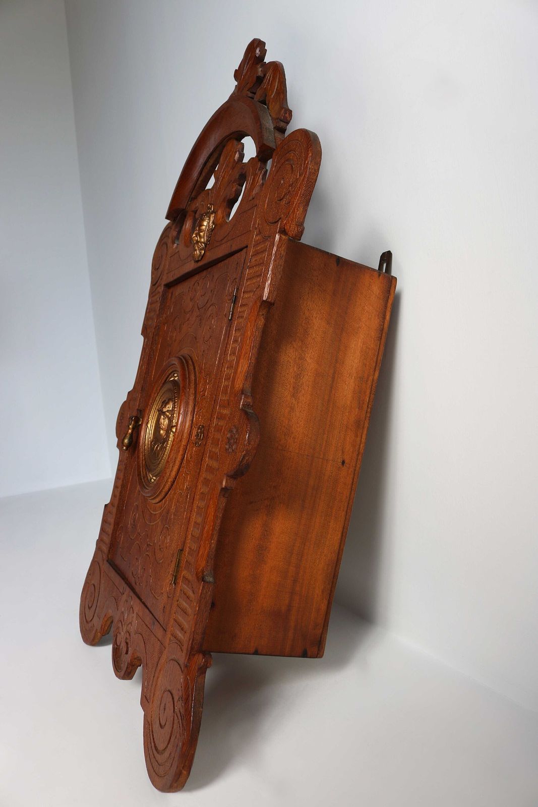 Beautiful Antique Oak Wood Carved Medicine Bathroom Kitchen Cabinet Small Wall Cabinet Apothecary Key Cabinet Brass Ornaments 19th Century photo 714.0