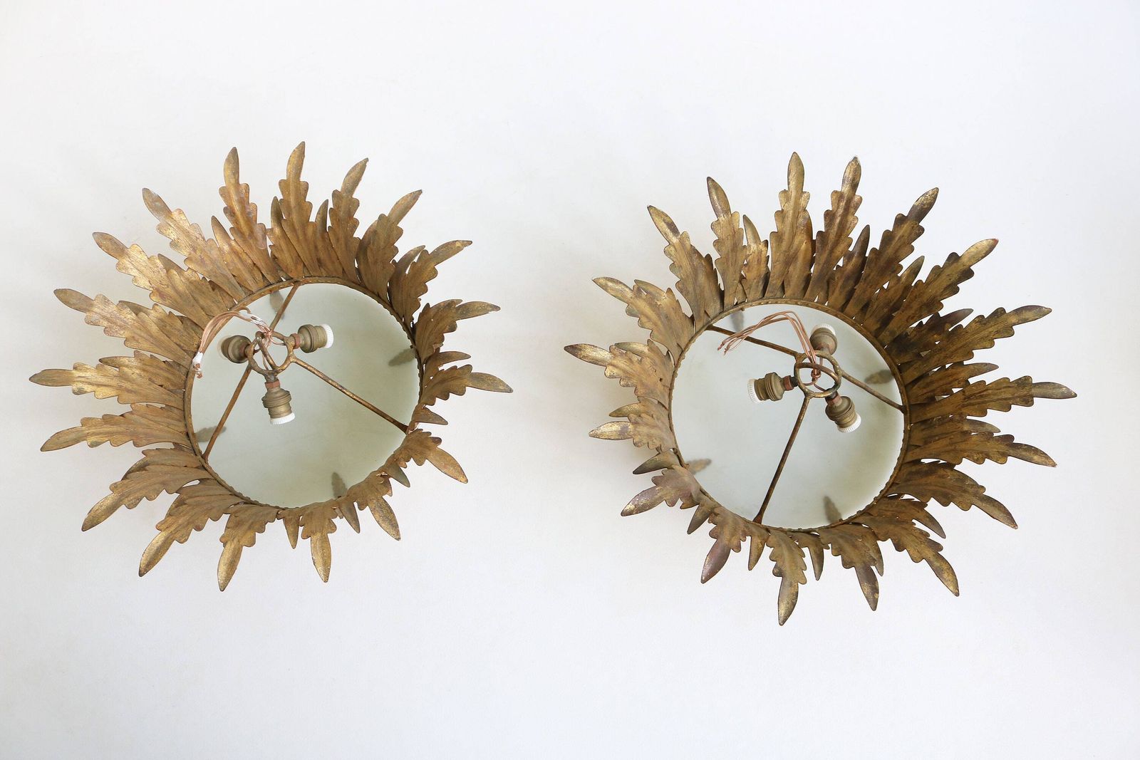 photo furniture Pair Maison Bagues Style Gilt Tole Crown Light Sunburst Flush Mount Pendant Ceiling Light Leaf Motifs Frosted Glass Hollywood Regency 1950s